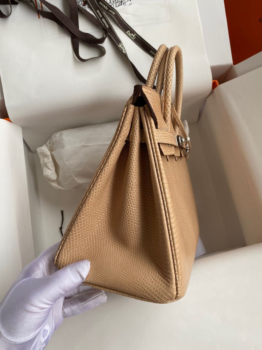 Hermes Birkin 25 Retourne Handmade Bag In Beige Lizard Leather - Image 6