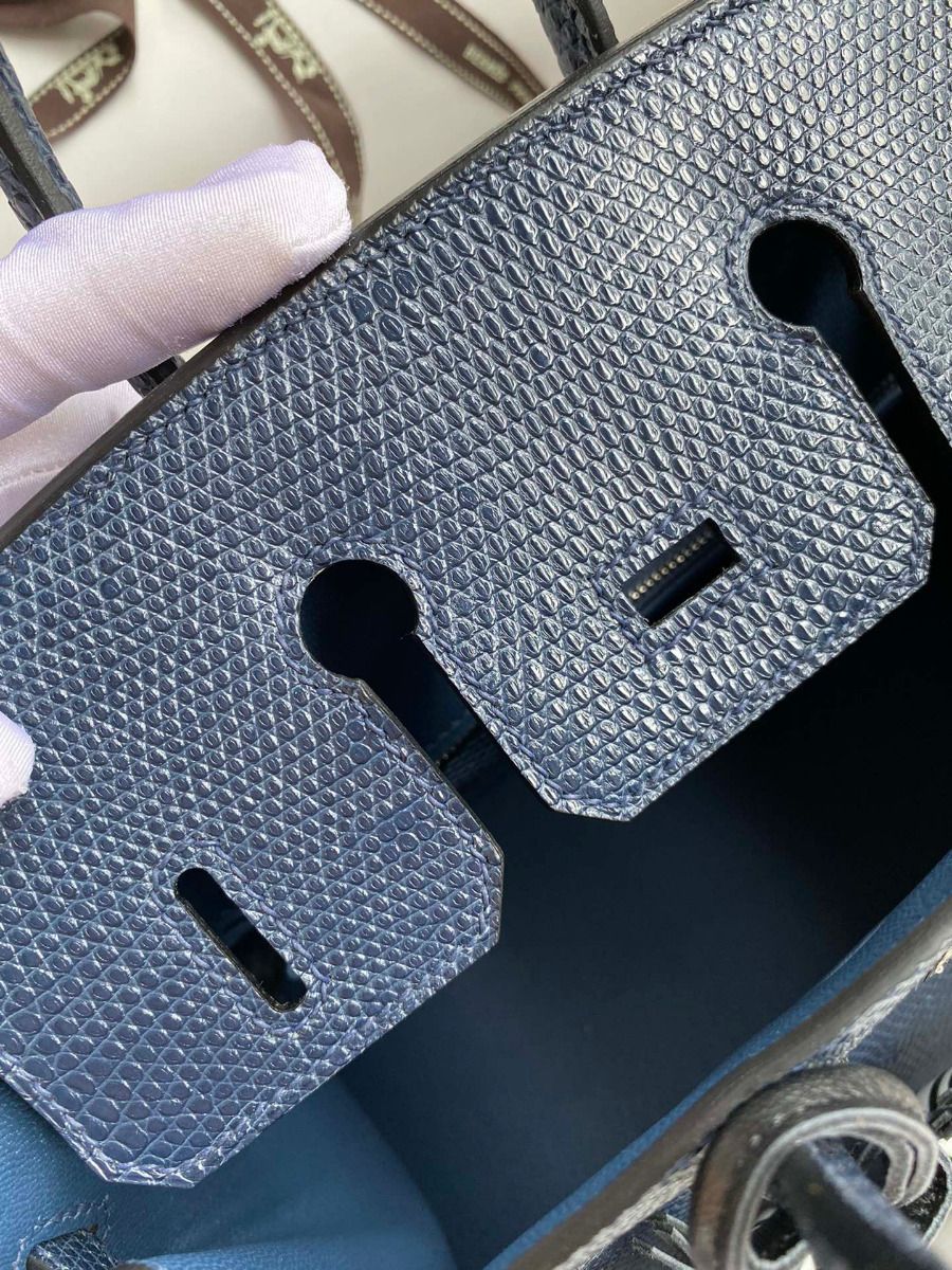 Hermes Birkin 25 Retourne Handmade Bag In Blue Saphir Lizard Leather - Image 10