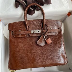 Hermes Birkin 25 Retourne Handmade Bag Caramel Lizard Leather