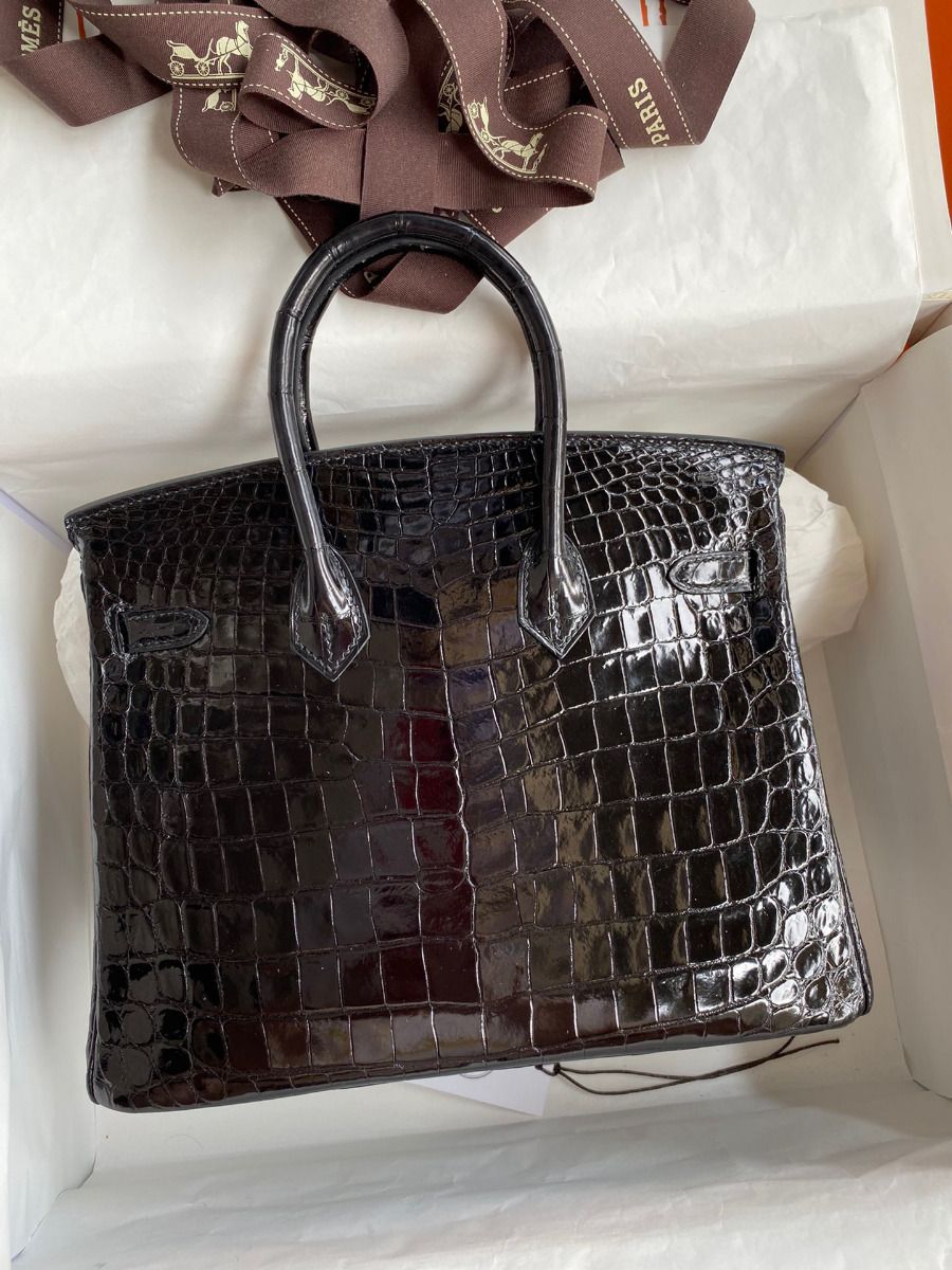 Hermes Birkin 25 Handmade Bag In Black Crocodile Niloticus Shiny Skin - Image 3