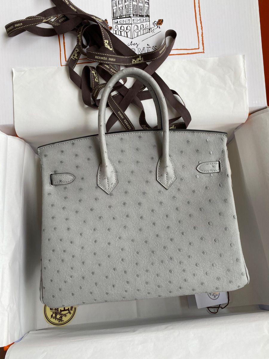 Hermes Birkin 25 Retourne Handmade Bag In Blue Glacier Ostrich Leather - Image 3