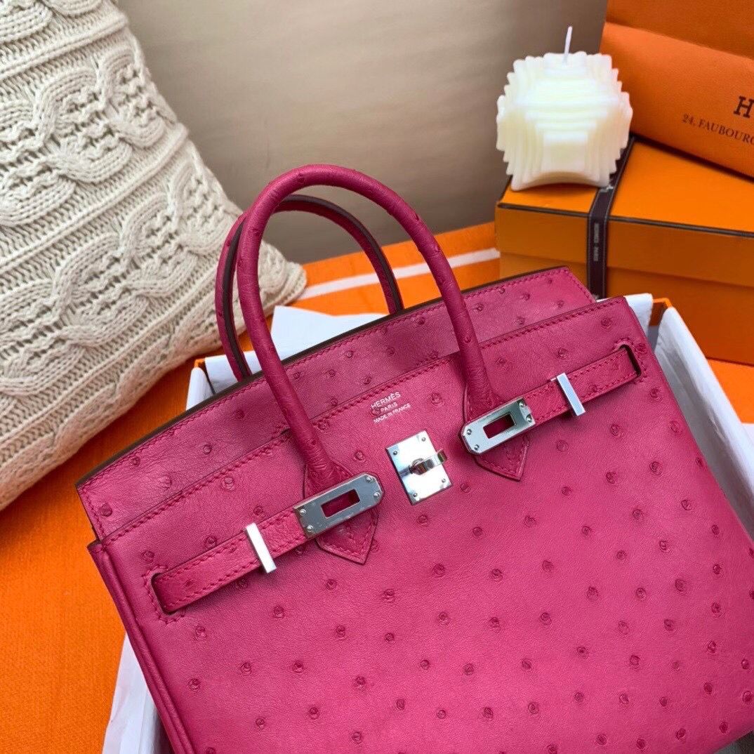 Hermes Birkin 25 Handmade Bag In Rose Red Ostrich Leather - Image 5