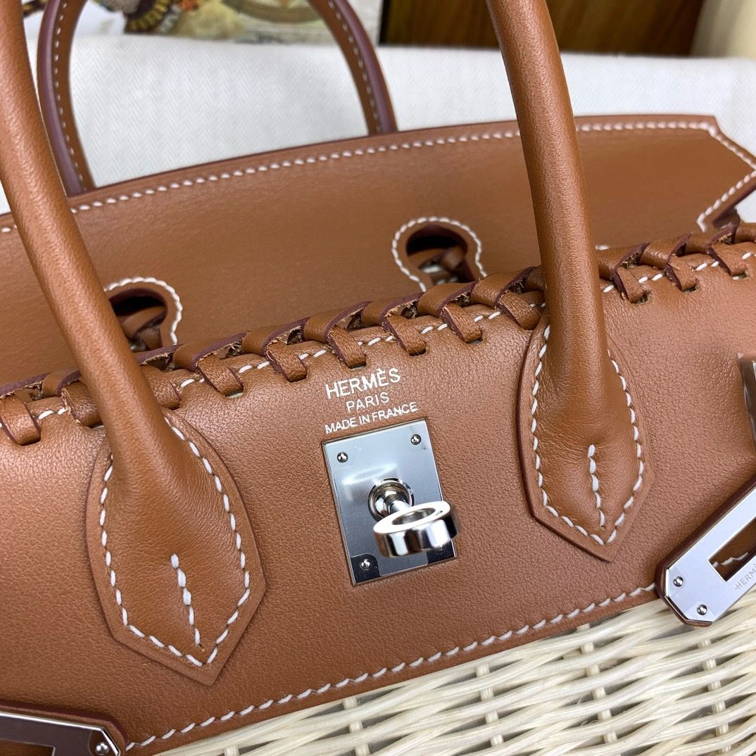 Hermes Picnic Birkin 25 Bag in Wicker with Gold Swift Calfskin - Image 8