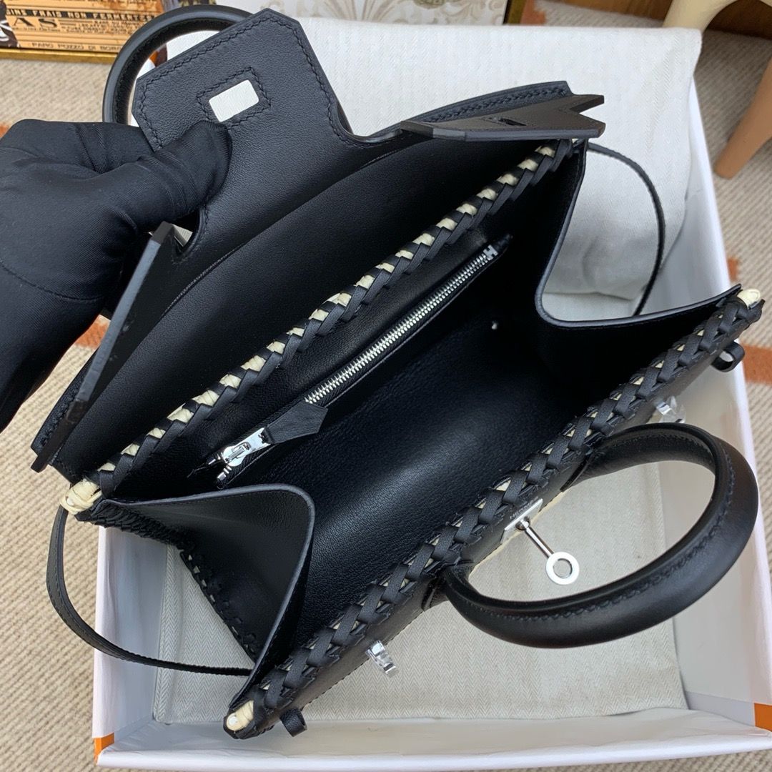 Hermes Picnic Birkin 25 Bag in Wicker with Black Swift Calfskin - Image 7