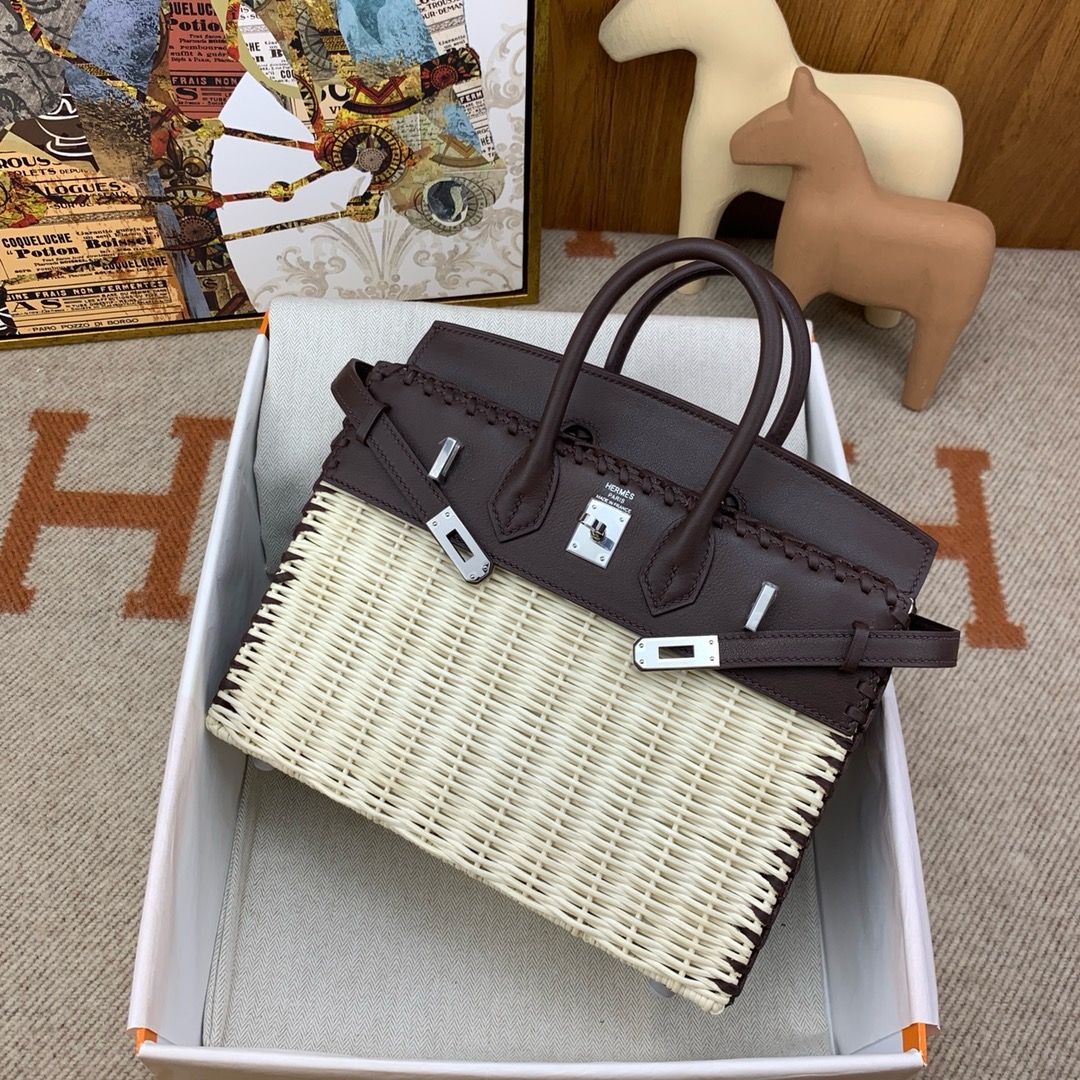 Hermes Picnic Birkin 25 Bag in Wicker with Rouge Sellier Swift Calfskin - Image 5