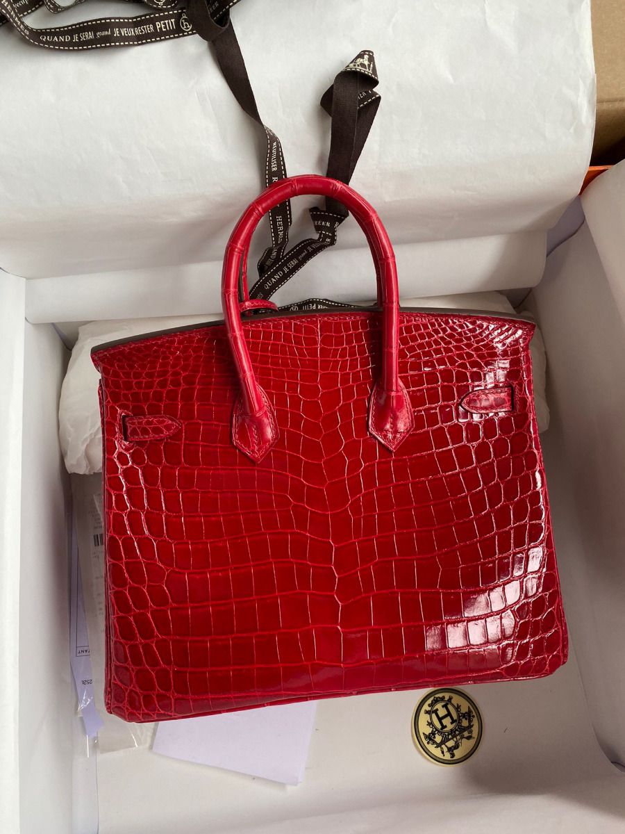 Hermes Birkin 25 Handmade Bag In Red Crocodile Porosus Shiny Skin - Image 3