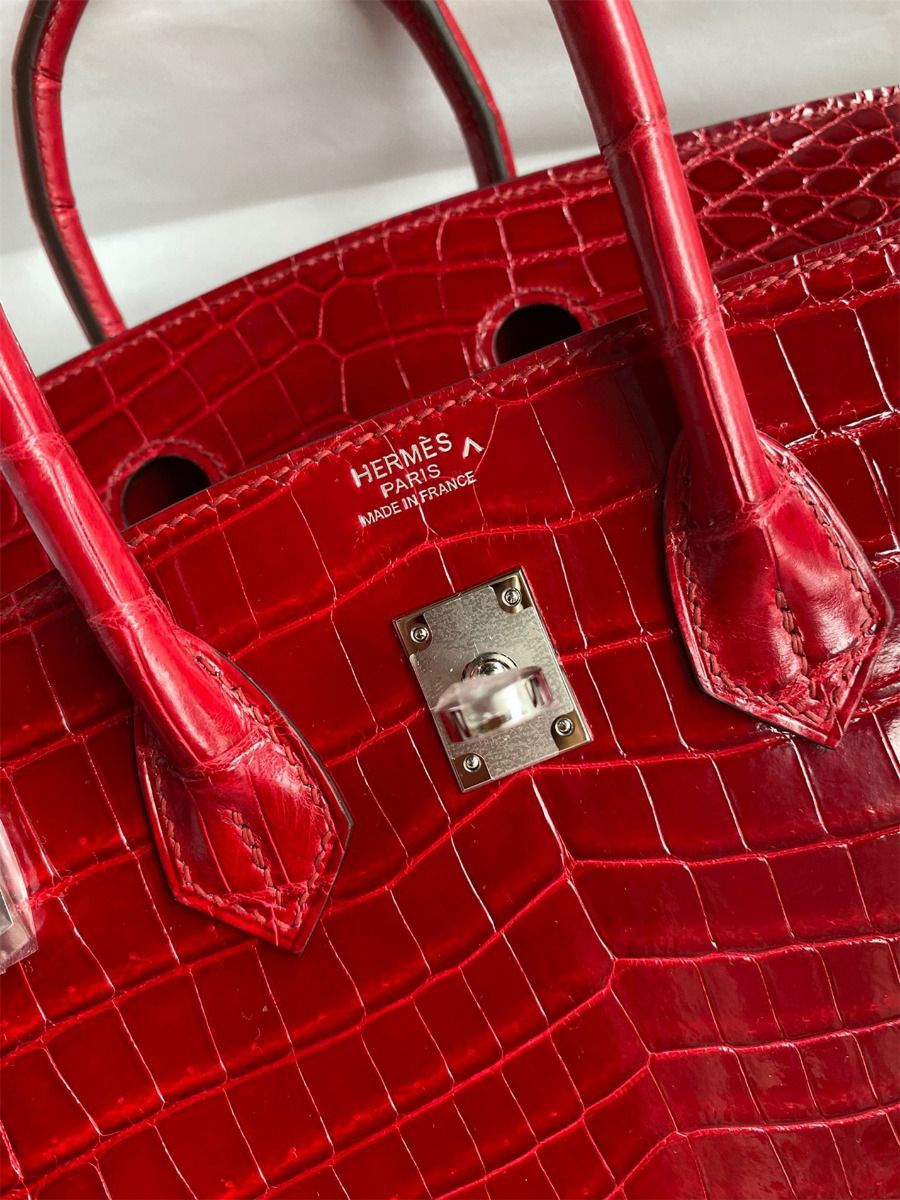 Hermes Birkin 25 Handmade Bag In Red Crocodile Porosus Shiny Skin - Image 8