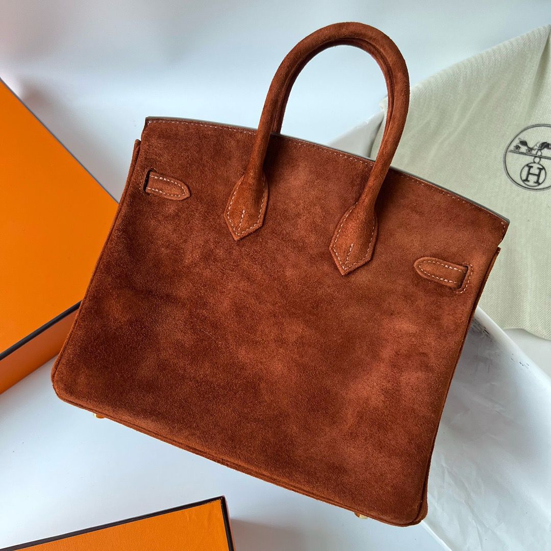 Hermes Birkin 25 Retourne Handmade Bag In Brown Doblis Suede Leather - Image 3