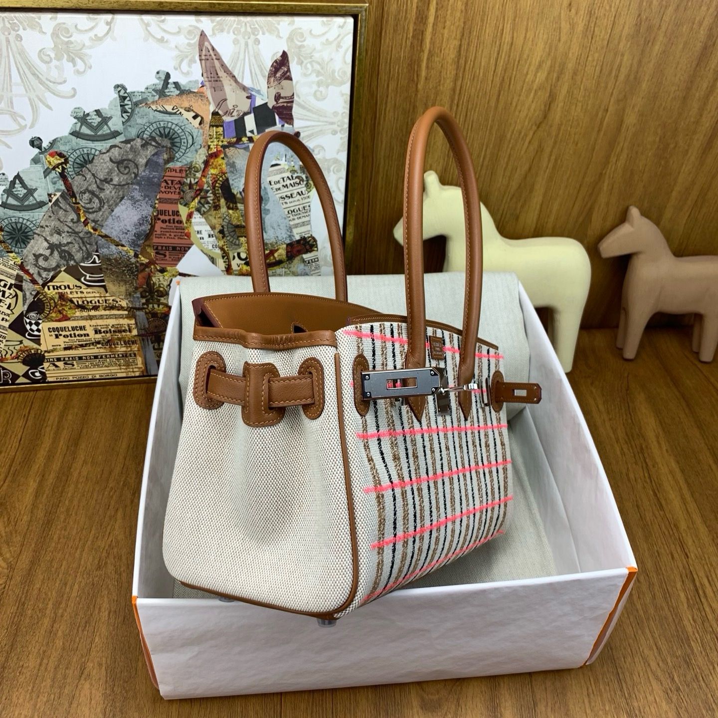 Hermes Shoulder Birkin Light 29 Bag in Toile and Gold Swift Calfskin - Image 8