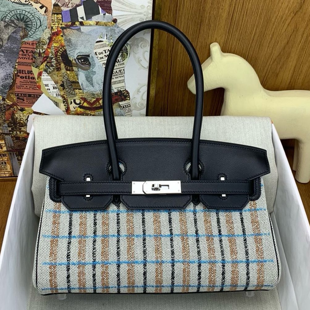 Hermes Shoulder Birkin Light 29 Bag in Toile and Black Swift Calfskin - Image 3