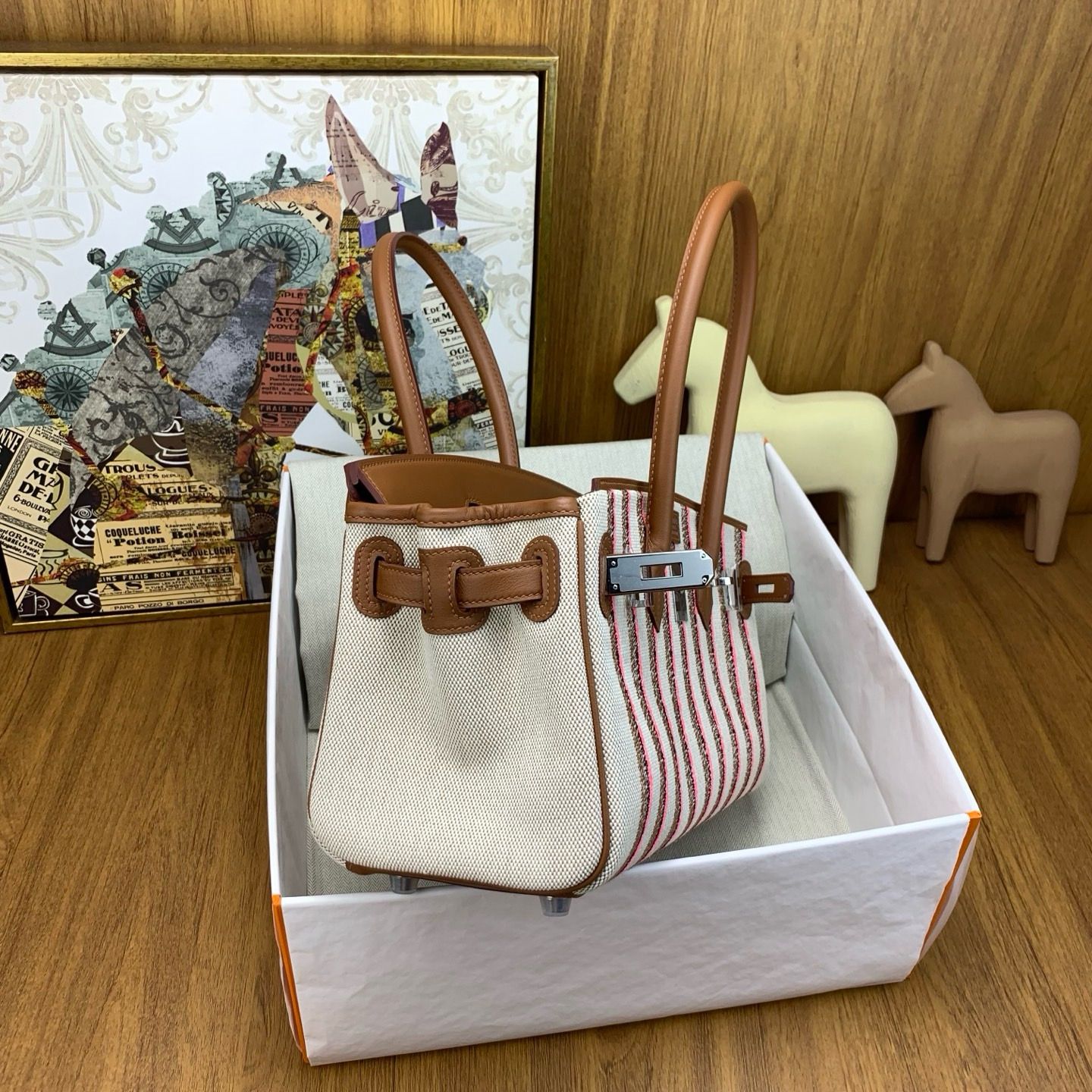 Hermes Shoulder Birkin Light 29 Bag in Toile and Gold Swift Leather - Image 6