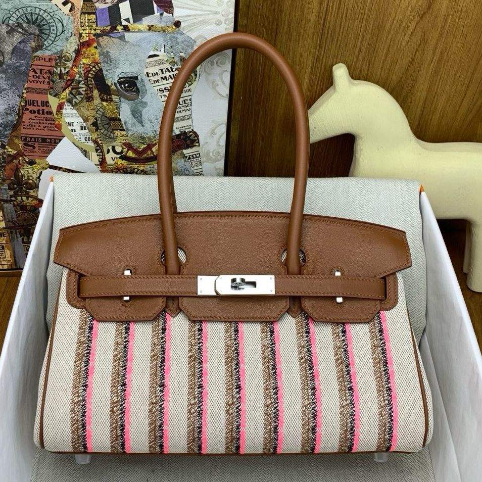 Hermes Shoulder Birkin Light 29 Bag in Toile and Gold Swift Leather - Image 9