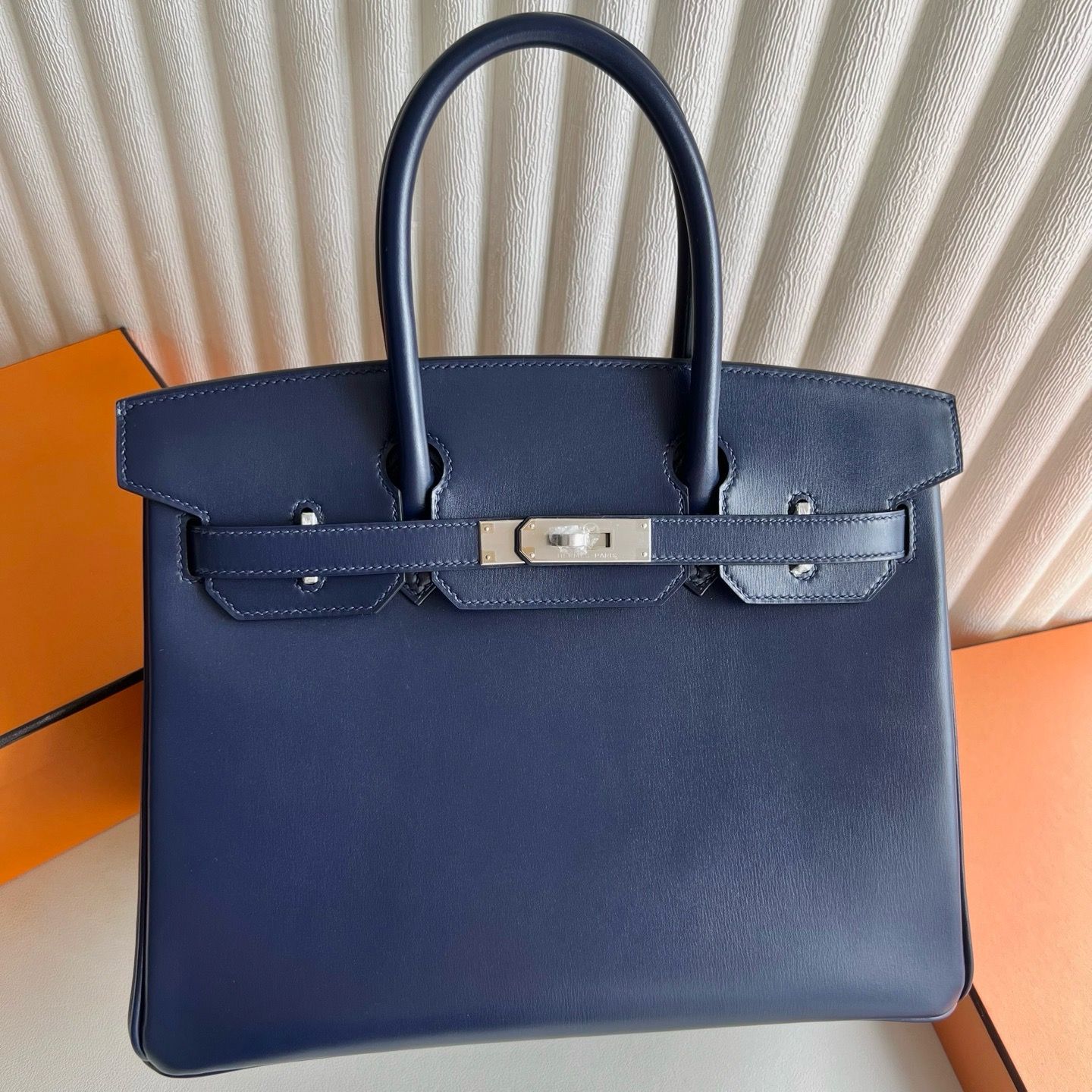 Hermes Birkin 30 Retourne Handmade Bag in Blue Saphir Box Calfskin