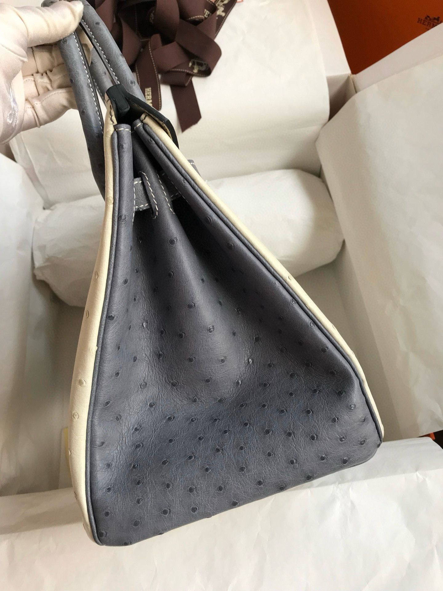 Hermes HSS Birkin 30 Bicolor Bag in Beton and Gris Agate Ostrich Leather - Image 4