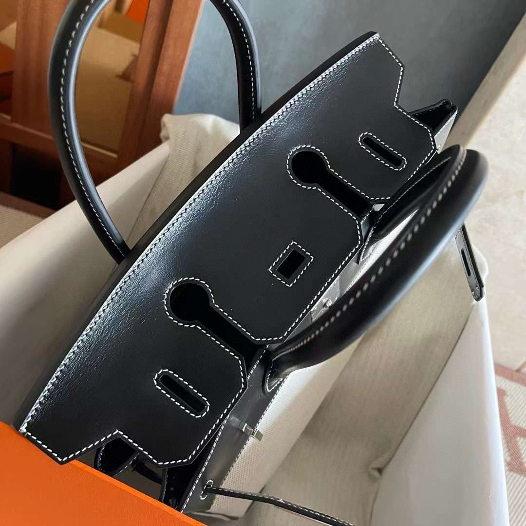 Hermes Birkin 30 Handmade Bag in Toile & Black Box Calfskin - Image 9