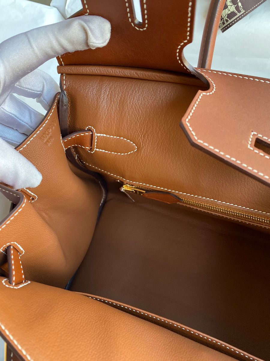 Hermes Birkin 30 Handmade Bag In Toile & Gold Swift Leather - Image 10