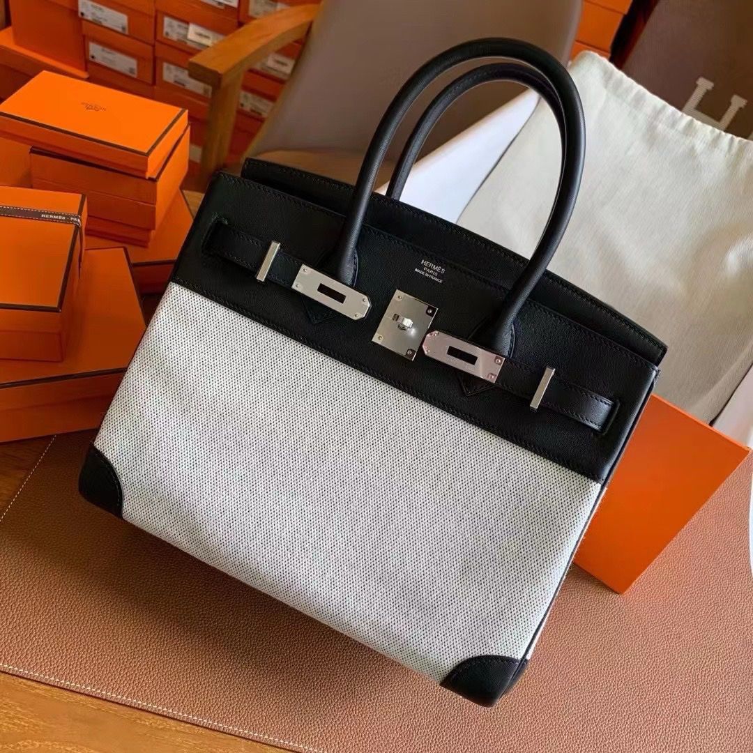Hermes Birkin 30 Handmade Bag In Toile & Black Swift Leather - Image 10