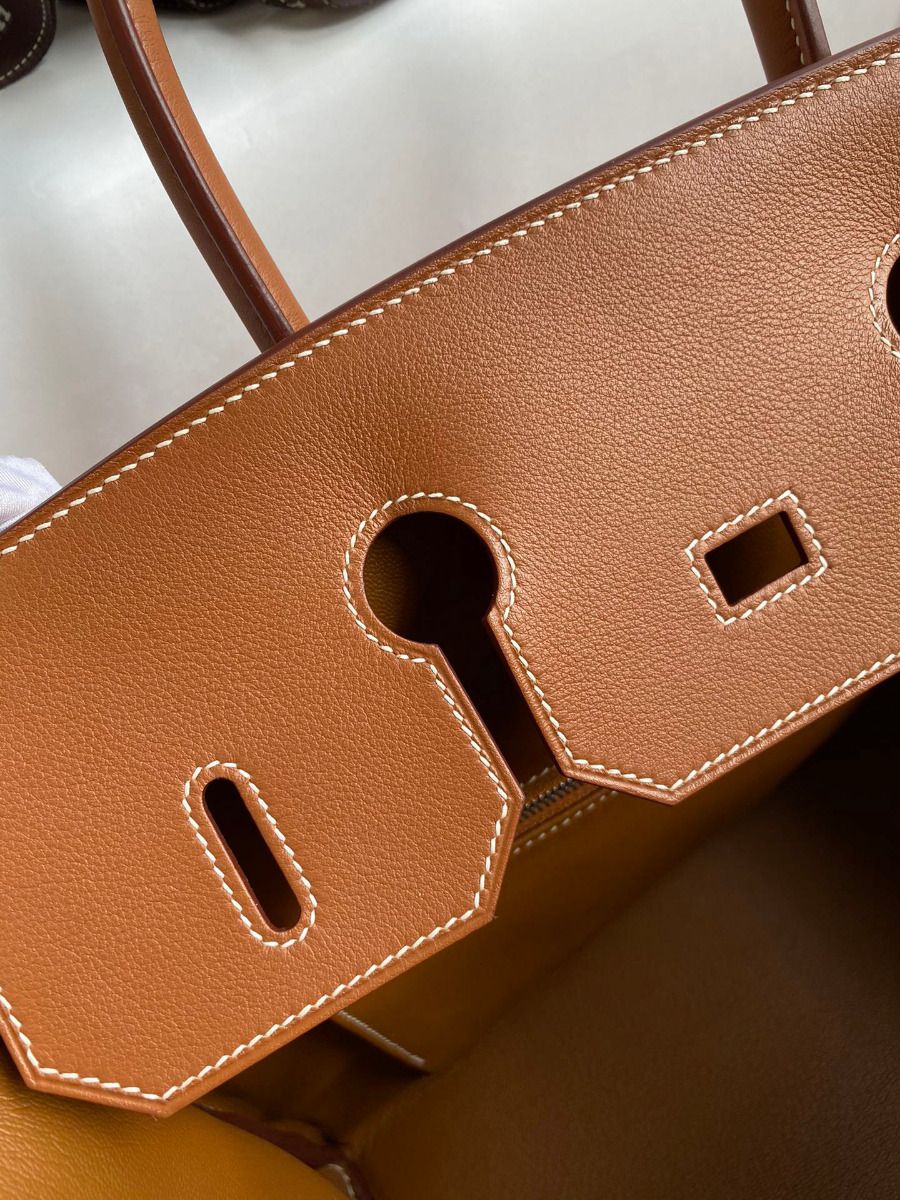 Hermes Birkin 35 Handmade Bag In Toile & Gold Swift Leather - Image 9