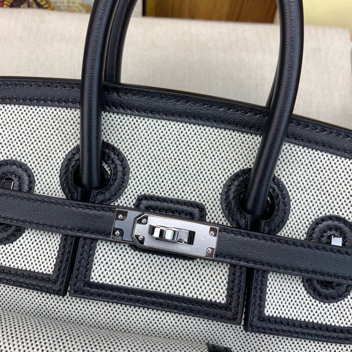 Hermes Birkin Cargo 25 Bag in Ecru Toile and Black Swift Leather - Image 5