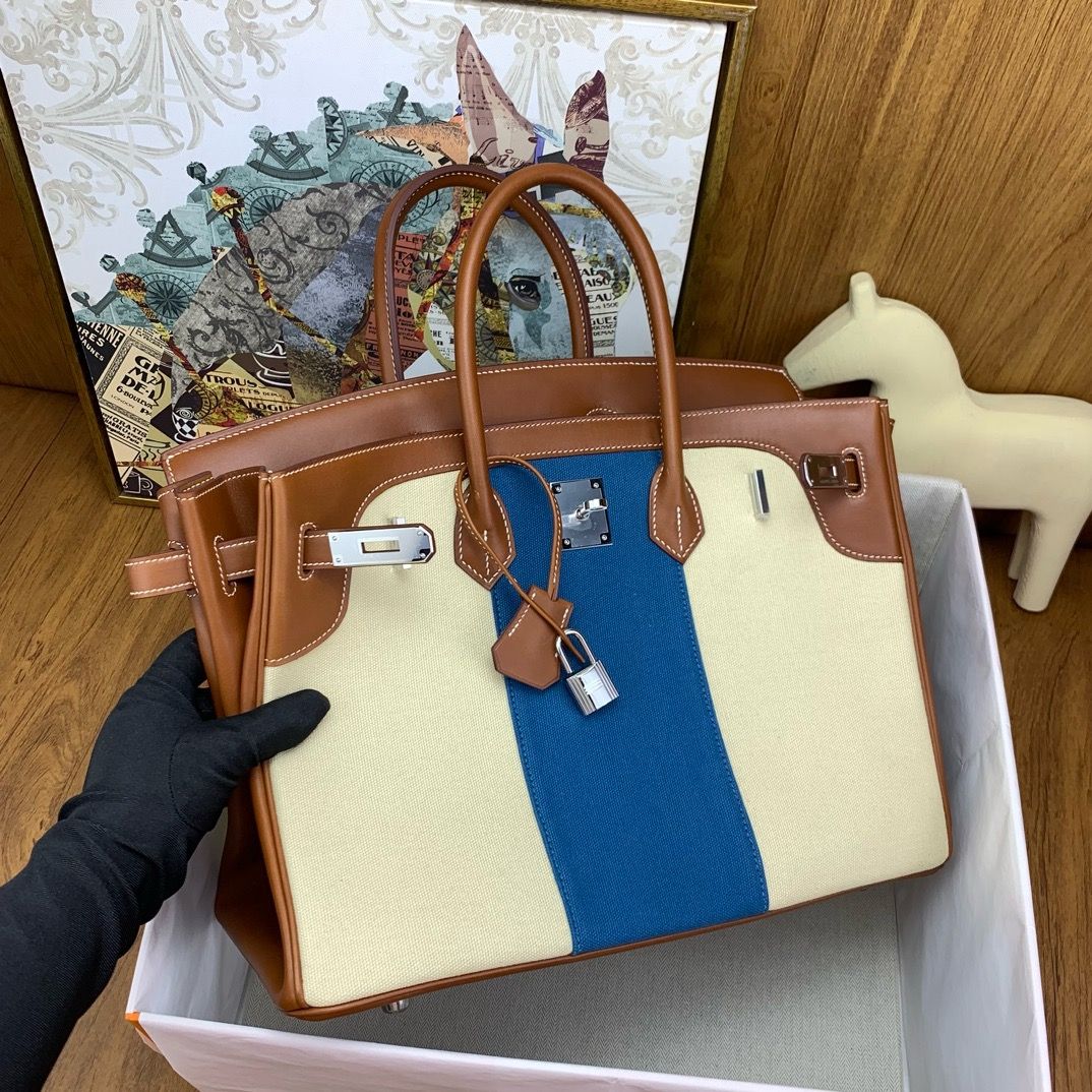 Hermes Birkin Flag 35 Bag in Toile and Barenia Calfskin - Image 7