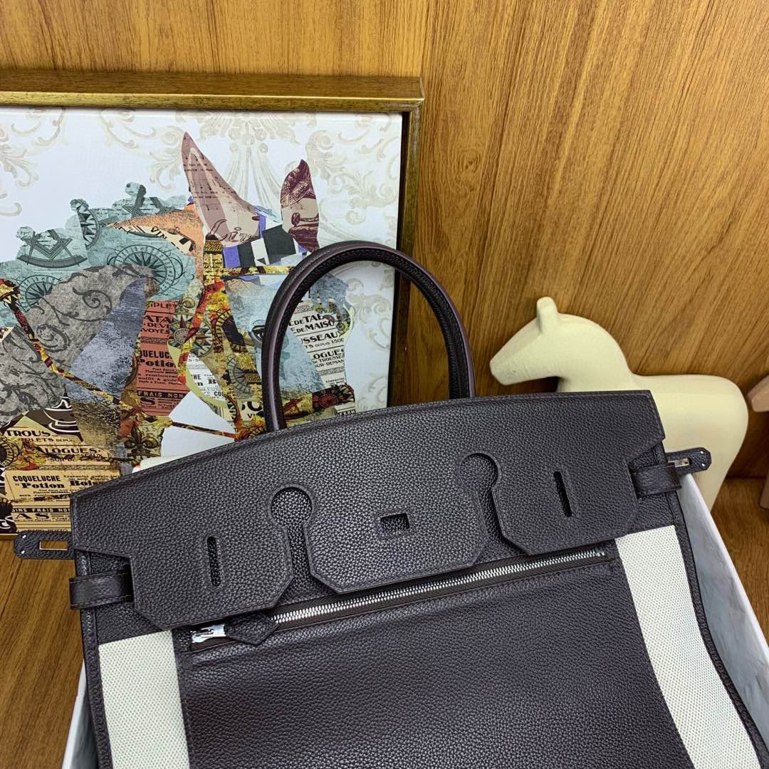 Hermes Birkin à l’envers 35 Bag in Ebene Clemence Leather and Canvas - Image 5