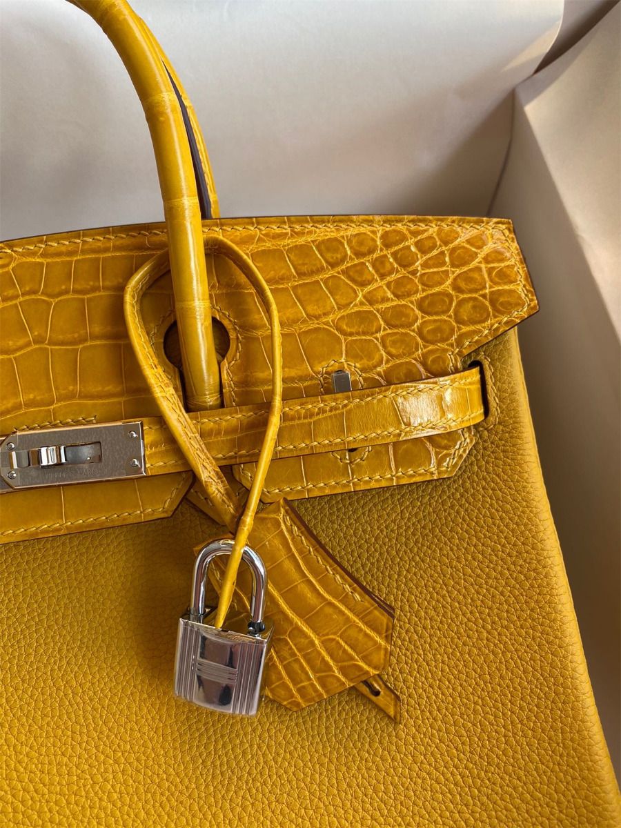 Hermes Touch Birkin 30 Bag In Yellow Clemence and Shiny Niloticus Crocodile Skin - Image 4
