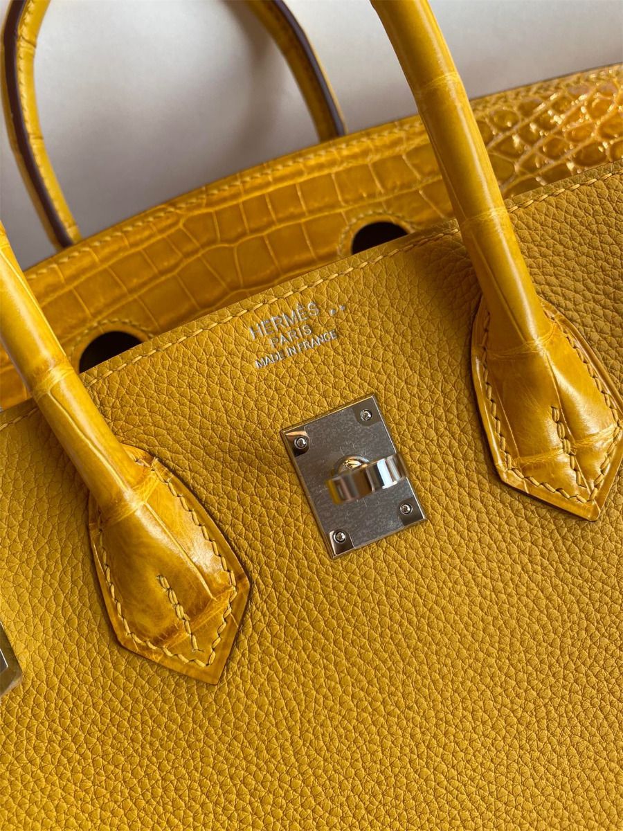 Hermes Touch Birkin 30 Bag In Yellow Clemence and Shiny Niloticus Crocodile Skin - Image 10