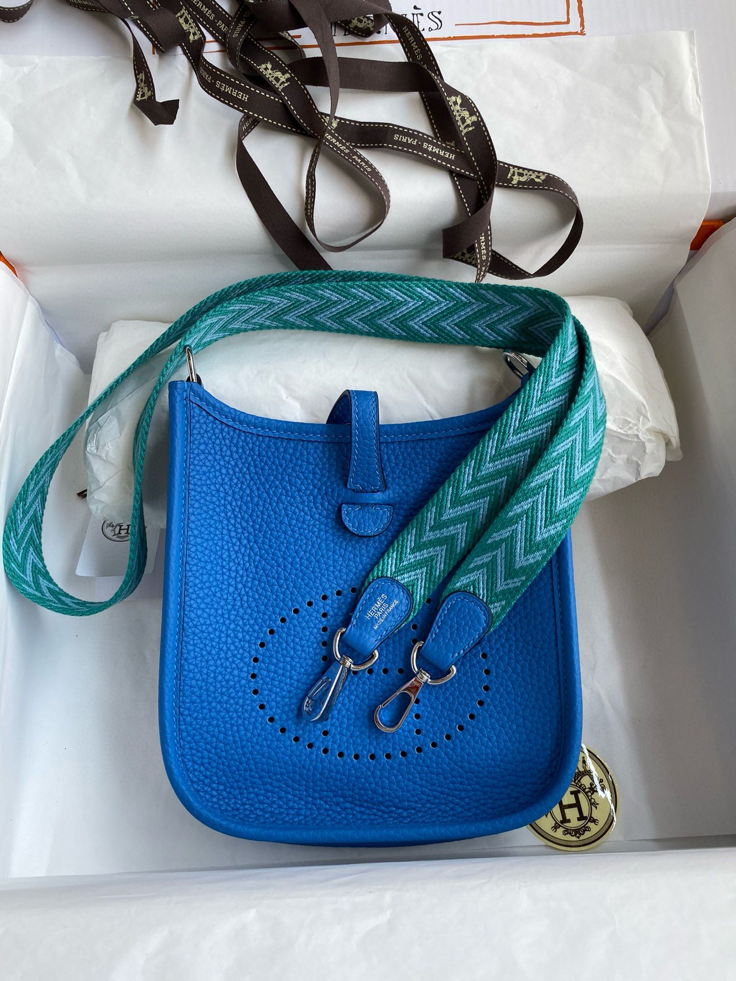Hermes Evelyne Mini Handmade Bag in Blue Hydra Clemence Leather - Image 9