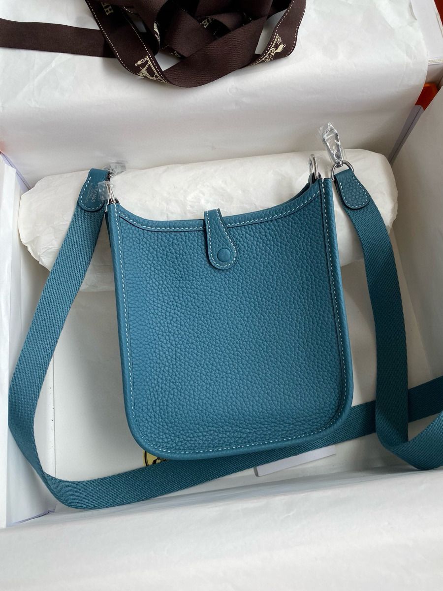 Hermes Evelyne Mini Handmade Bag in Blue Jean Clemence Leather - Image 3