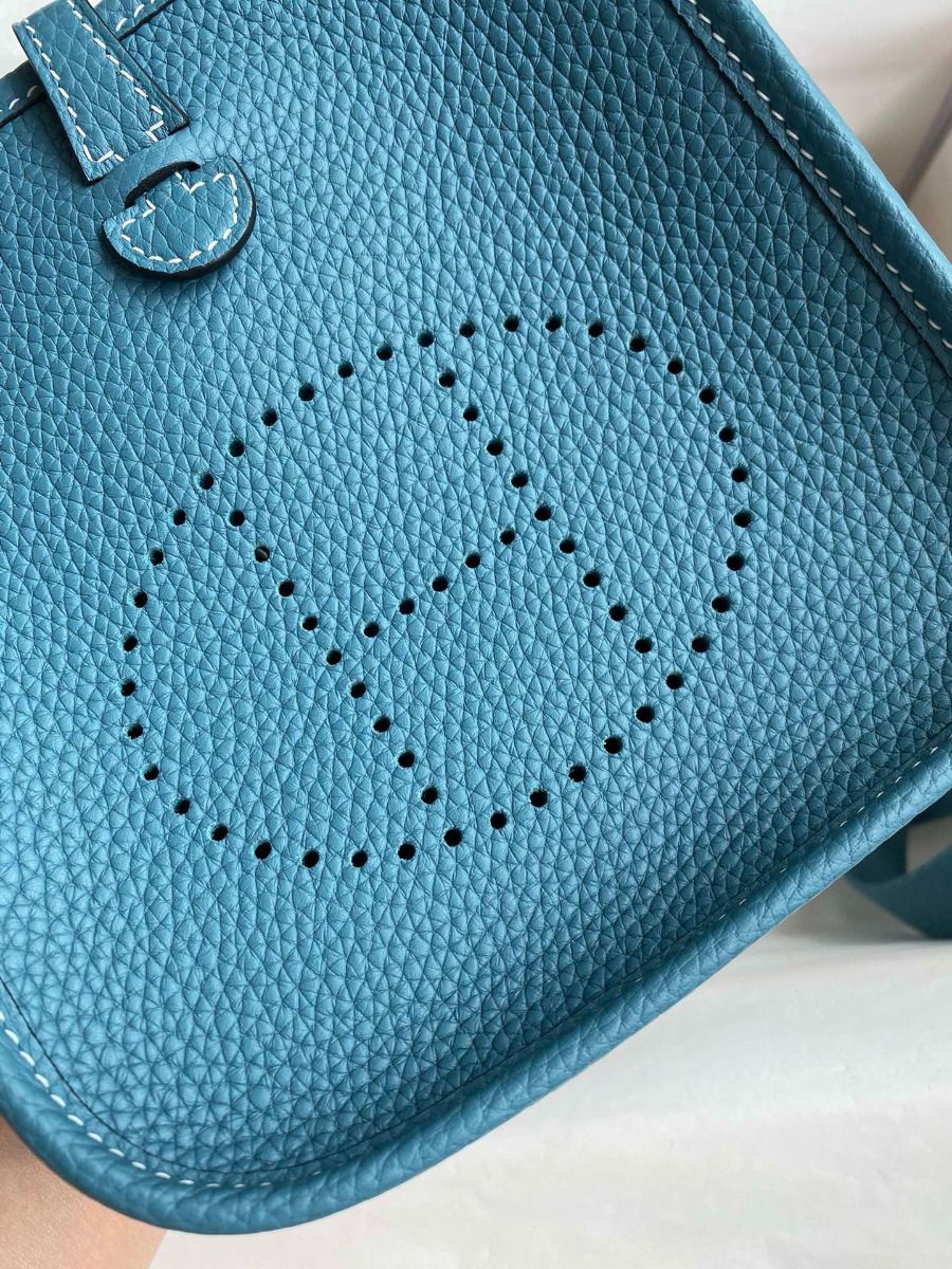 Hermes Evelyne Mini Handmade Bag in Blue Jean Clemence Leather - Image 4