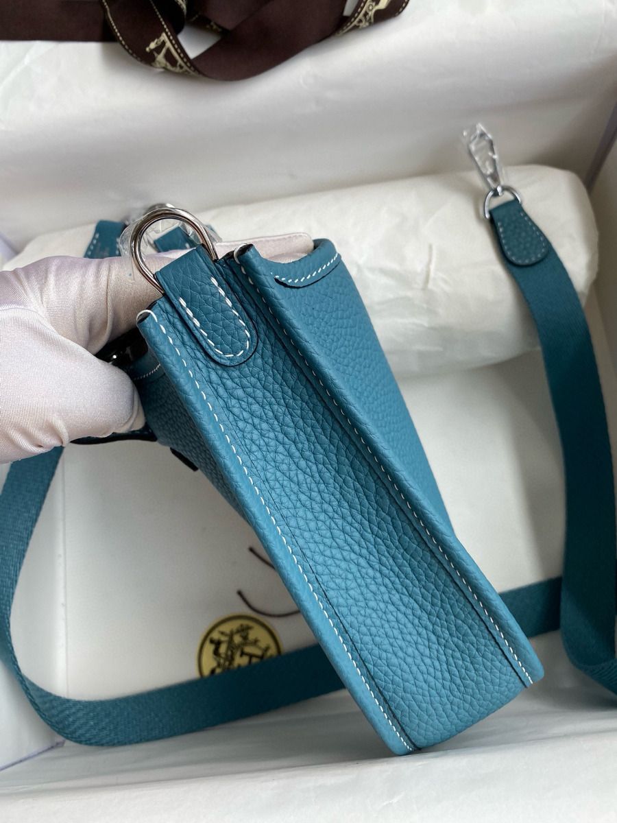 Hermes Evelyne Mini Handmade Bag in Blue Jean Clemence Leather - Image 8