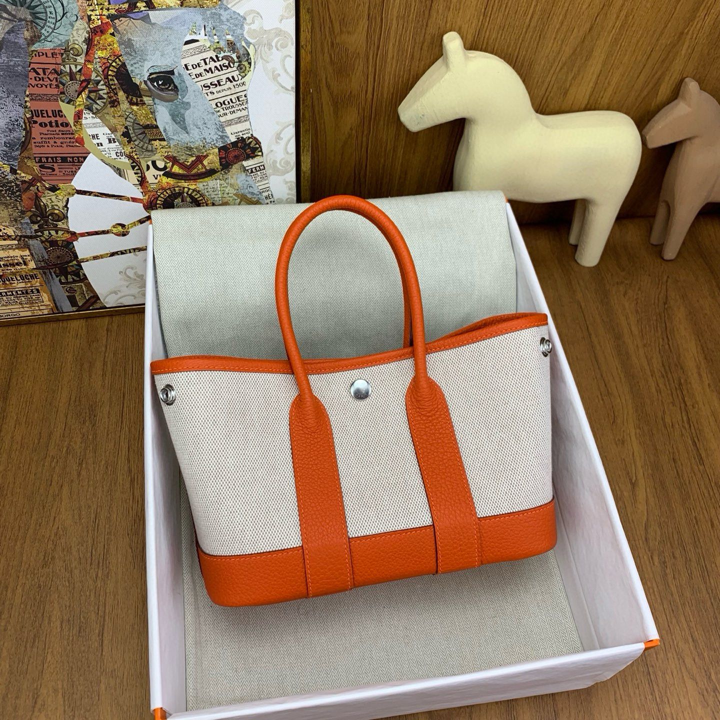 Hermes Neo Garden Party 23 Bag in Canvas and Orange Negonda Calfskin - Image 3