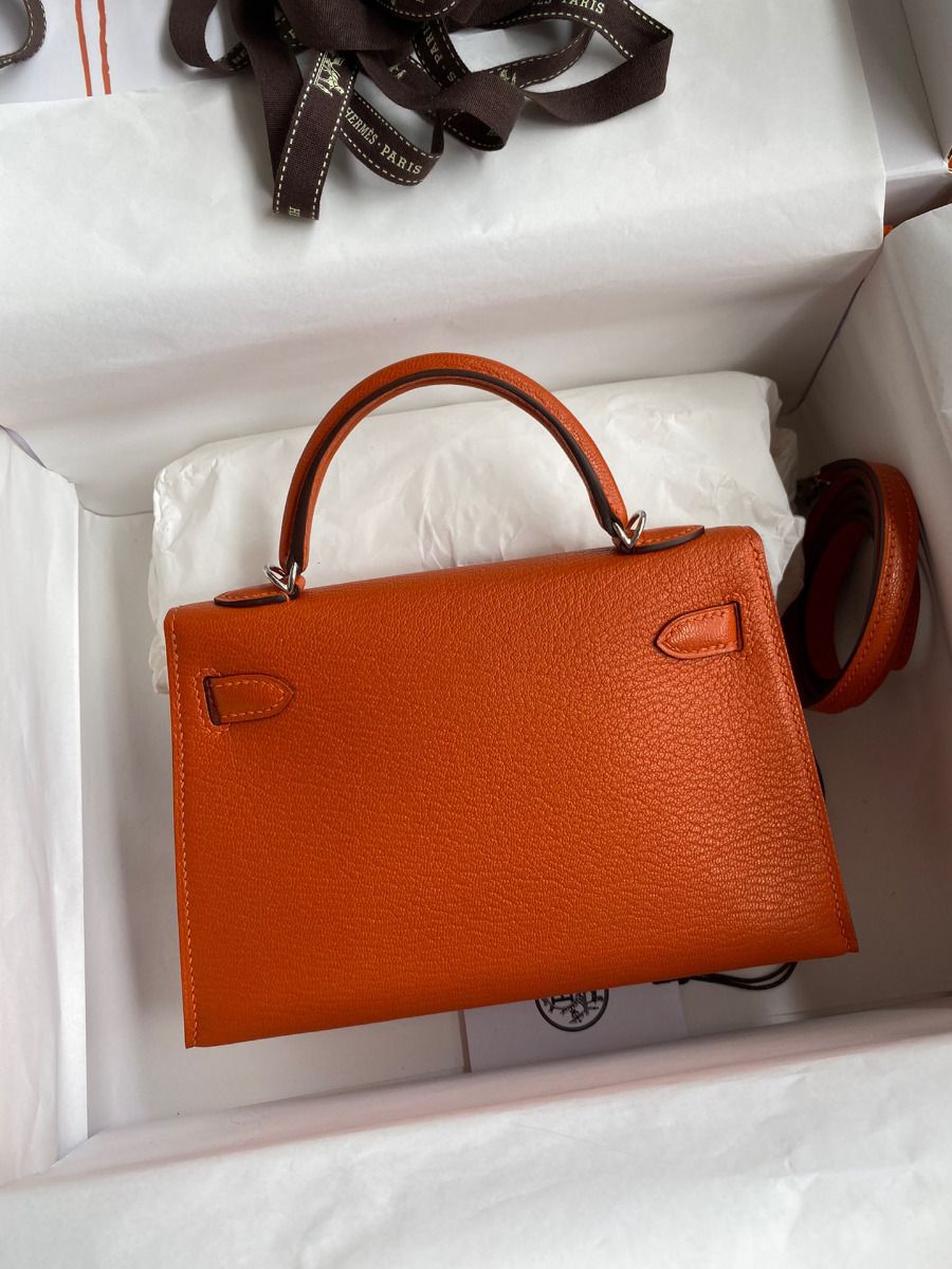 Hermes Kelly Mini II Sellier Handmade Bag In Orange Chevre Mysore Leather - Image 3