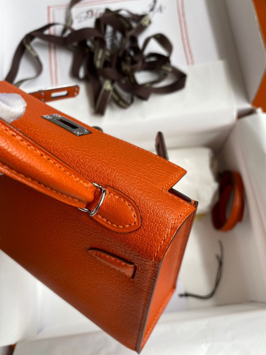 Hermes Kelly Mini II Sellier Handmade Bag In Orange Chevre Mysore Leather - Image 8