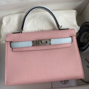 Hermes Kelly Mini II Sellier Bicolor Handmade Bag in Rose Sakura and Blue Brume Epsom Calfskin