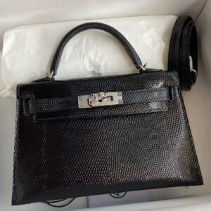 Hermes Kelly Mini II Sellier Handmade Bag in Black Lizard Leather