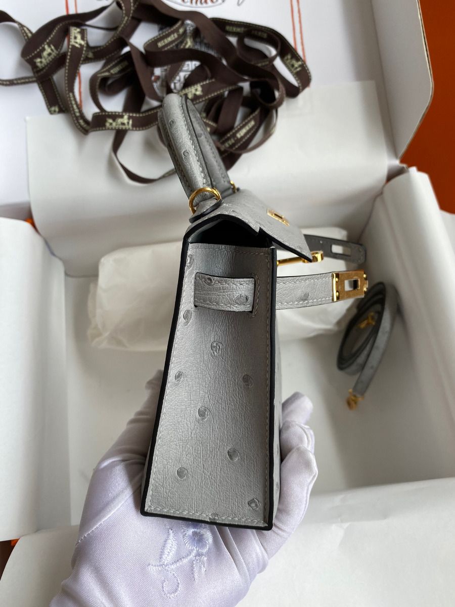 Hermes Kelly Mini II Sellier Handmade Bag In Bleu Glacier Ostrich Leather - Image 7