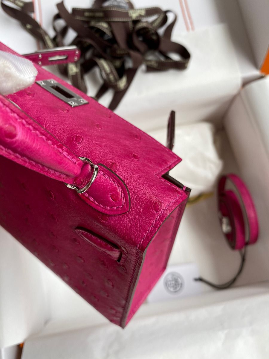Hermes Kelly Mini II Sellier Handmade Bag In Rose Red Ostrich Leather - Image 8