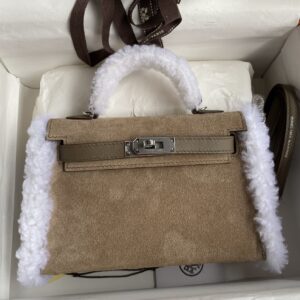 Hermes Teddy Kelly Mini II Bag in Etoupe Suede with Shearling
