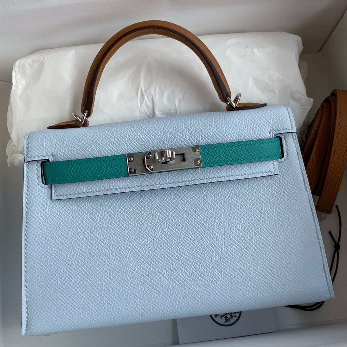 Hermes HSS Kelly Mini II Sellier Tri-color Bag in Blue/Green/Sesame Epsom Calfskin