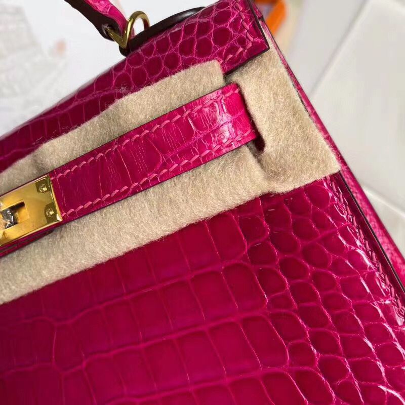 Hermes Kelly Mini II Handmade Bag In Rose Red Alligator Crocodile - Image 4