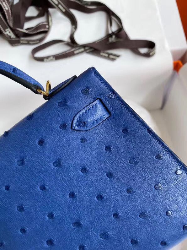 Hermes Kelly Mini II Handmade Bag In Blue Electric Ostrich Leather - Image 6