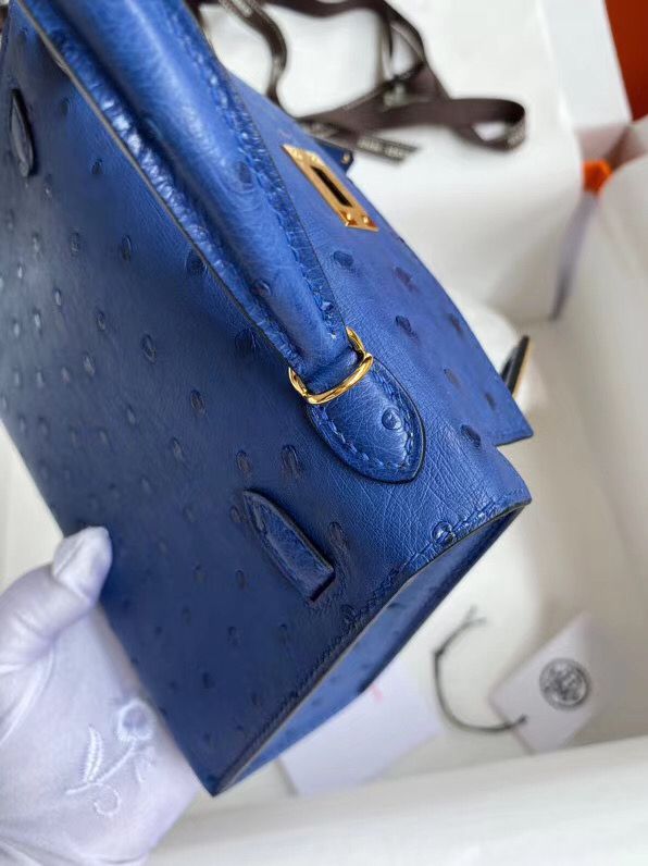 Hermes Kelly Mini II Handmade Bag In Blue Electric Ostrich Leather - Image 7