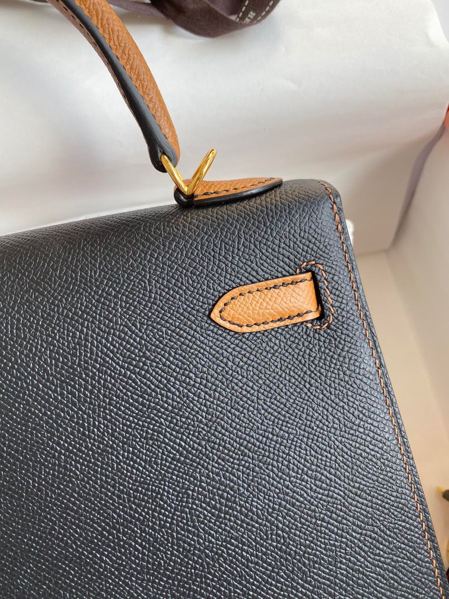 Hermes Kelly Sellier 25 Bicolor Bag in Black and Gold Epsom Calfskin - Image 5