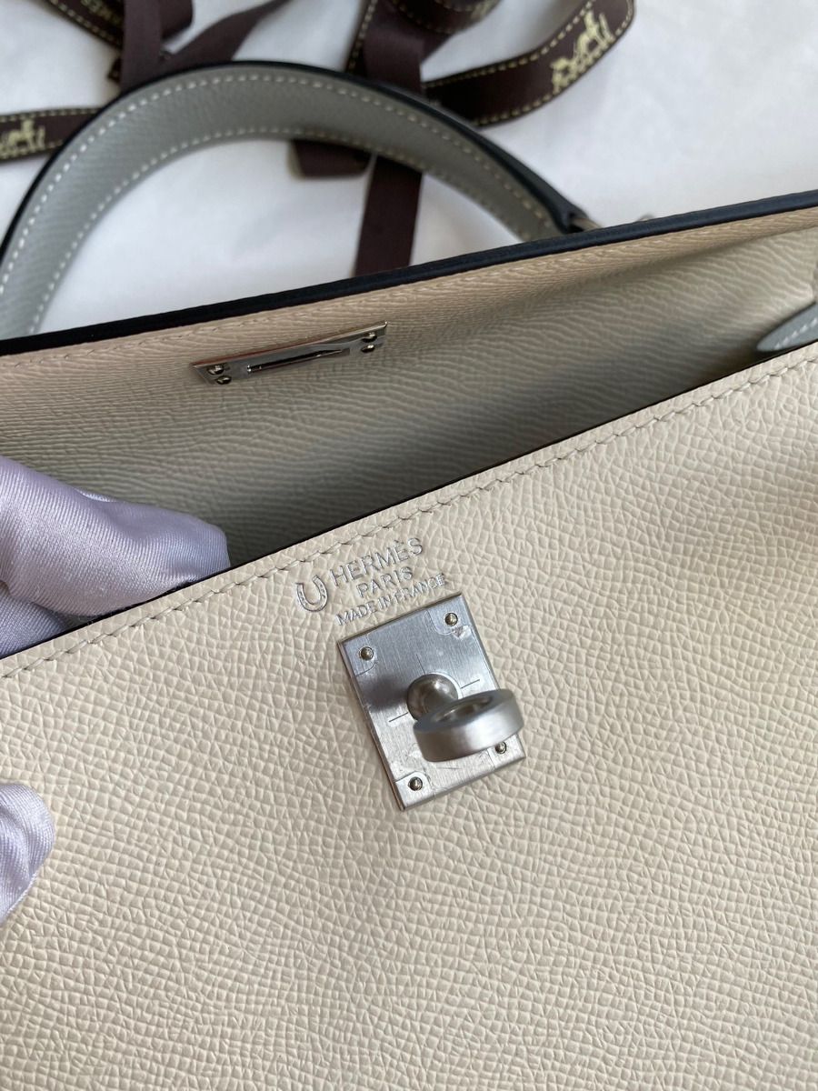 Hermes Kelly Sellier 25 Bicolor Bag in Craie and Gris Mouette Epsom Calfskin - Image 8