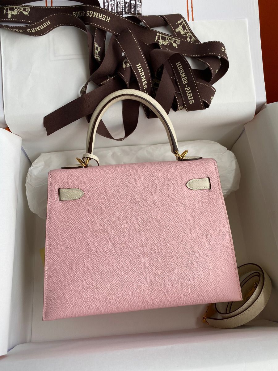 Hermes Kelly Sellier 25 Bicolor Bag in Rose Sakura and Craie Epsom Calfskin - Image 3