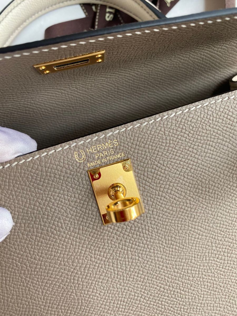 Hermes Kelly Sellier 25 Bicolor Bag in Taupe and Craie Epsom Calfskin - Image 8