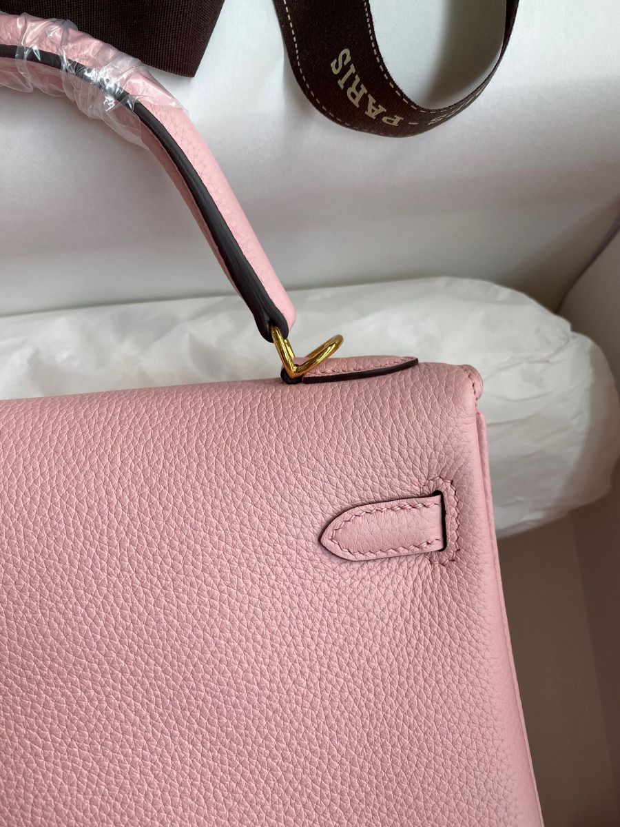 Hermes Kelly Retourne 25 Handmade Bag In Rose Sakura Clemence Leather - Image 5