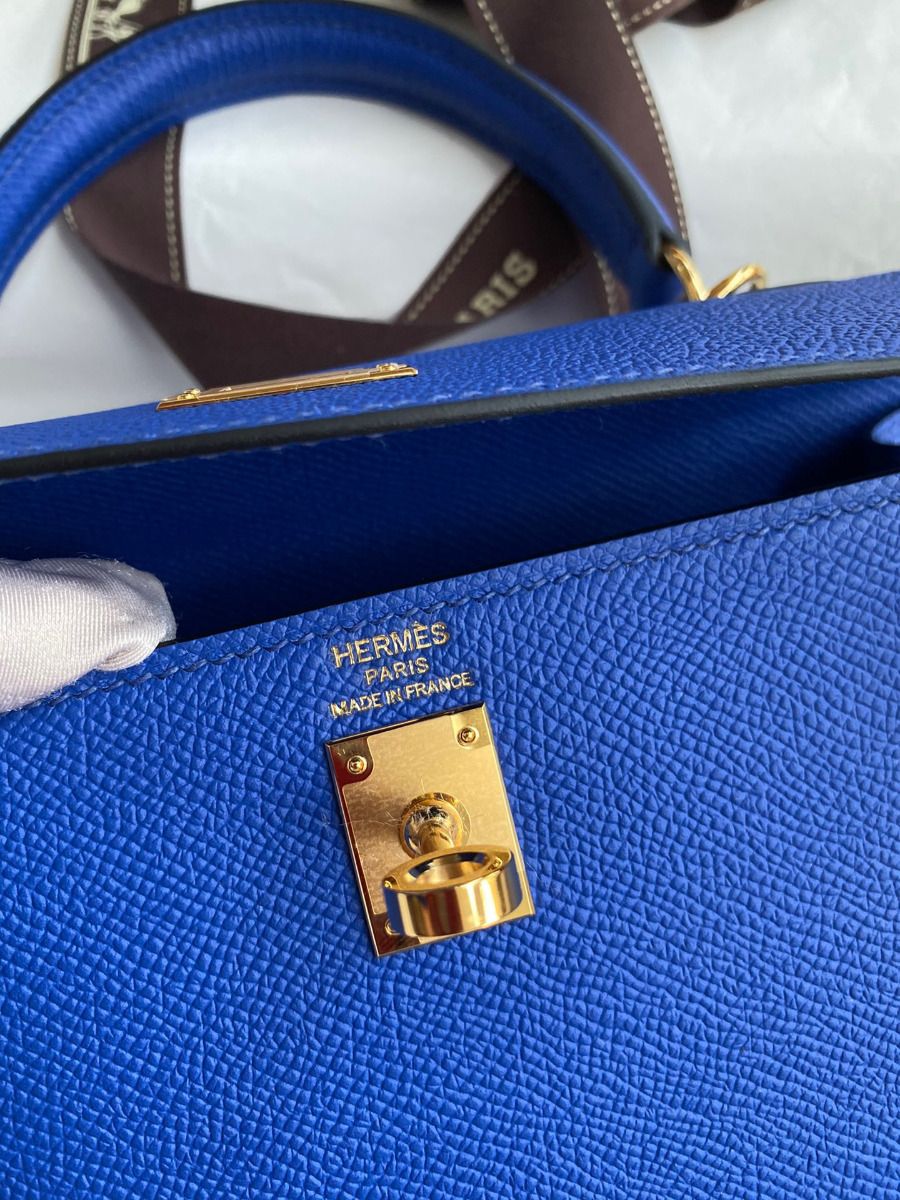 Hermes Kelly Sellier 25 Handmade Bag In Blue France Epsom Calfskin - Image 8