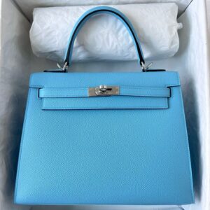 Hermes Kelly Sellier 25 Handmade Bag in Blue Azteque Epsom Calfskin